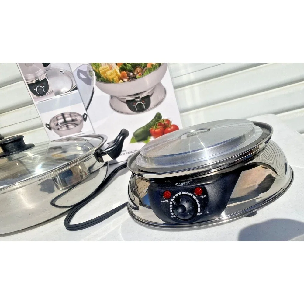 Electric Hot Pot Steamboat Stainless Steel w/Glass Lid 30 cm,  By Helperware